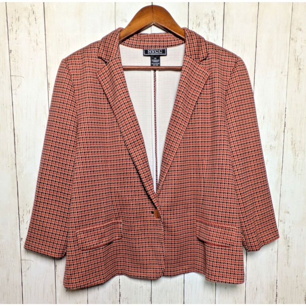 Vintage Houndstooth Blazer Red Navy Check Womens XL Preppy Retro Academia Office